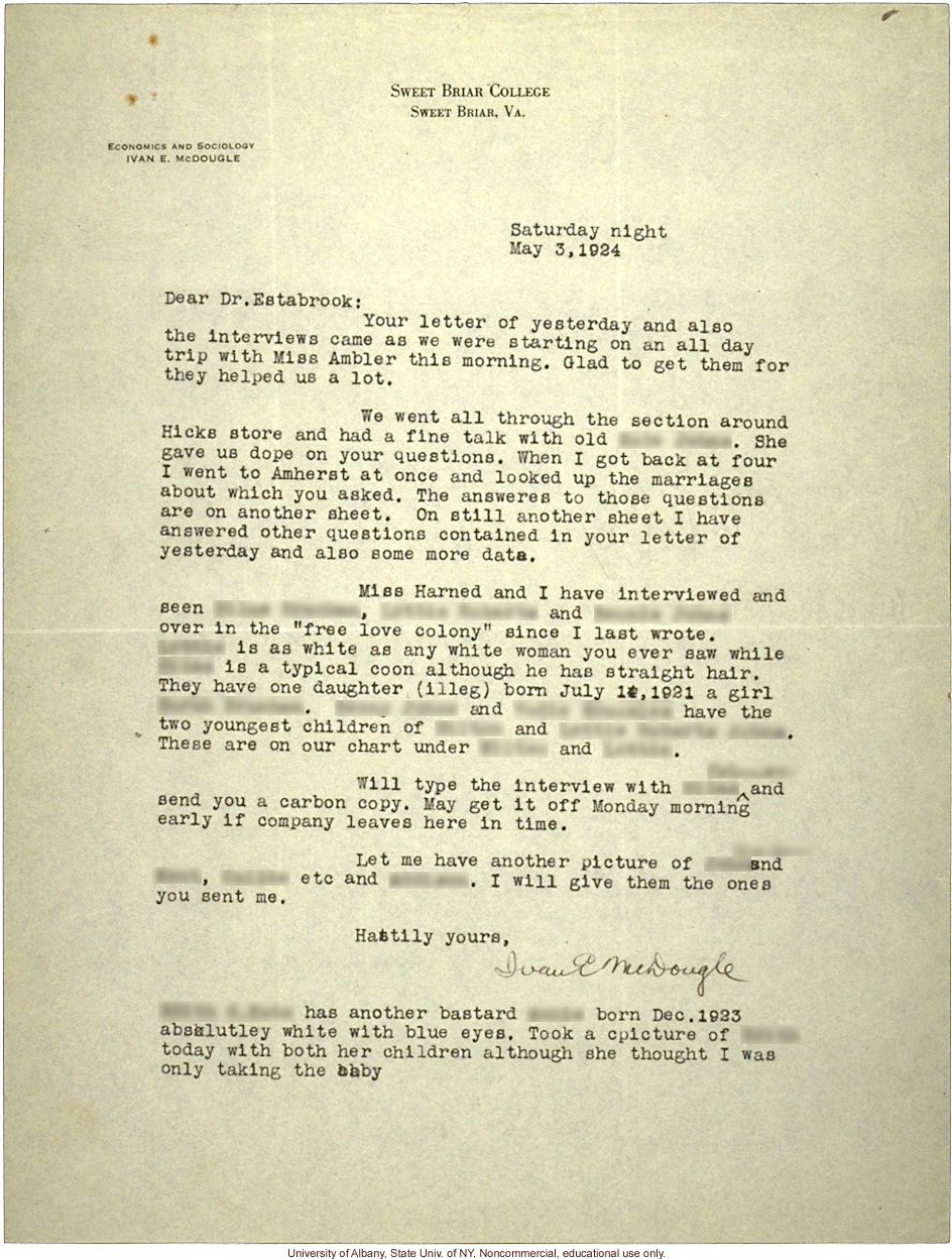 I. McDougle letter to A. Estabrook, about research on mixed race marriages for <i>Mongrel Virginians</i> (5/3/1924)