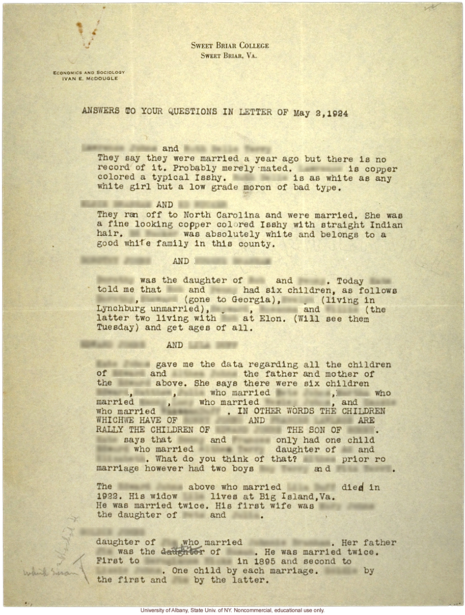 I. McDougle letter to A. Estabrook, about research on mixed race marriages for <i>Mongrel Virginians</i> (5/3/1924)