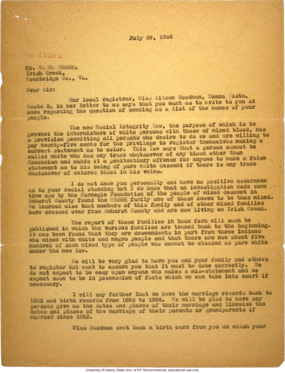 W. Plecker letter to anonymous, warning that registry of mixed race families would be scrutinized under the Viriginia Racial Integrity Act (7/29/1924)