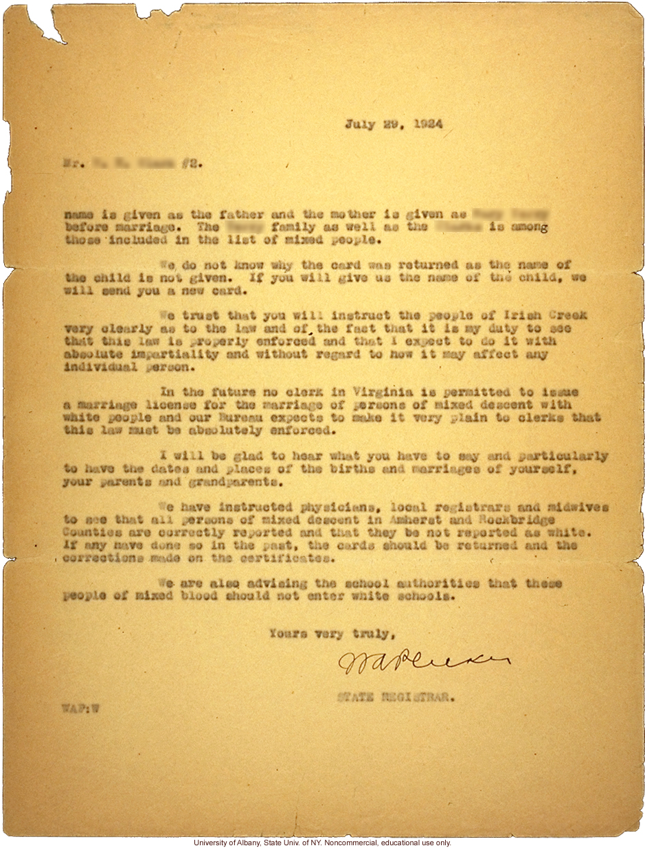 W. Plecker letter to anonymous, warning that registry of mixed race families would be scrutinized under the Viriginia Racial Integrity Act (7/29/1924)