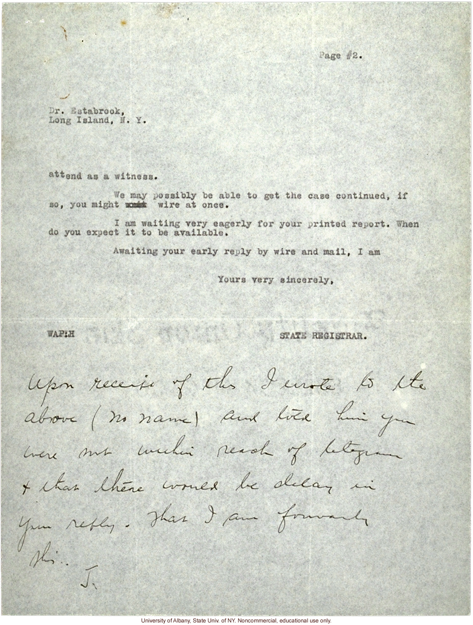 W. Plecker letters to A. Estabrook, about court case of a Colored woman who attempted to &quote;pass for white&quote; on marriage license (8/29/1924, 9/9/1924)