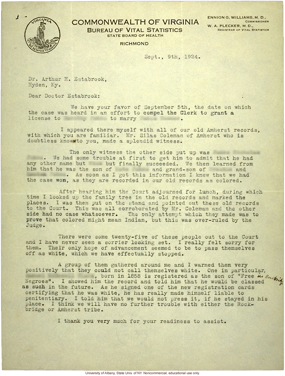 W. Plecker letters to A. Estabrook, about court case of a Colored woman who attempted to &quote;pass for white&quote; on marriage license (8/29/1924, 9/9/1924)