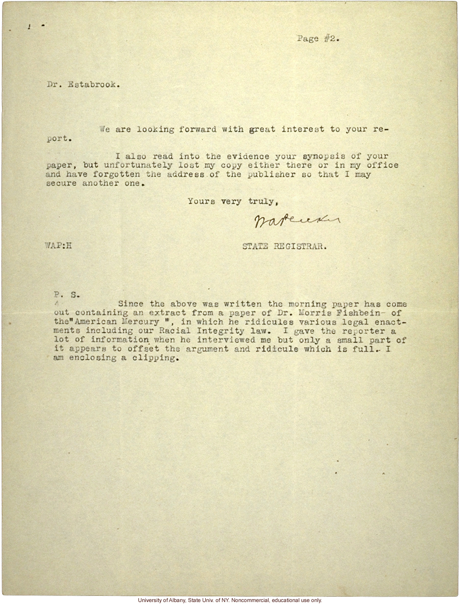 W. Plecker letters to A. Estabrook, about court case of a Colored woman who attempted to &quote;pass for white&quote; on marriage license (8/29/1924, 9/9/1924)