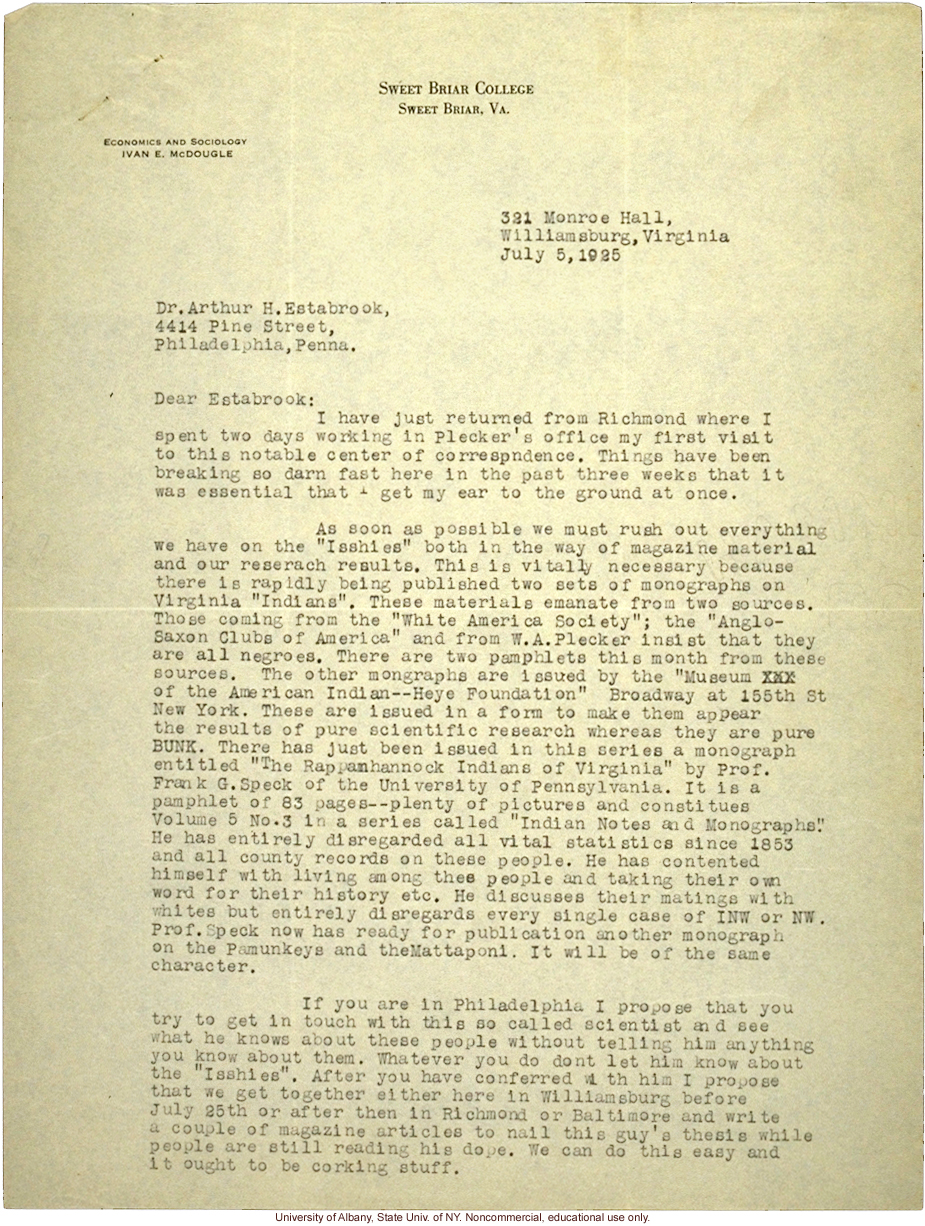 I. McDougle letter to A. Estabrook, about new studies of race mixing in Virginia and need to rush publication of their own work (7/5/1925)
