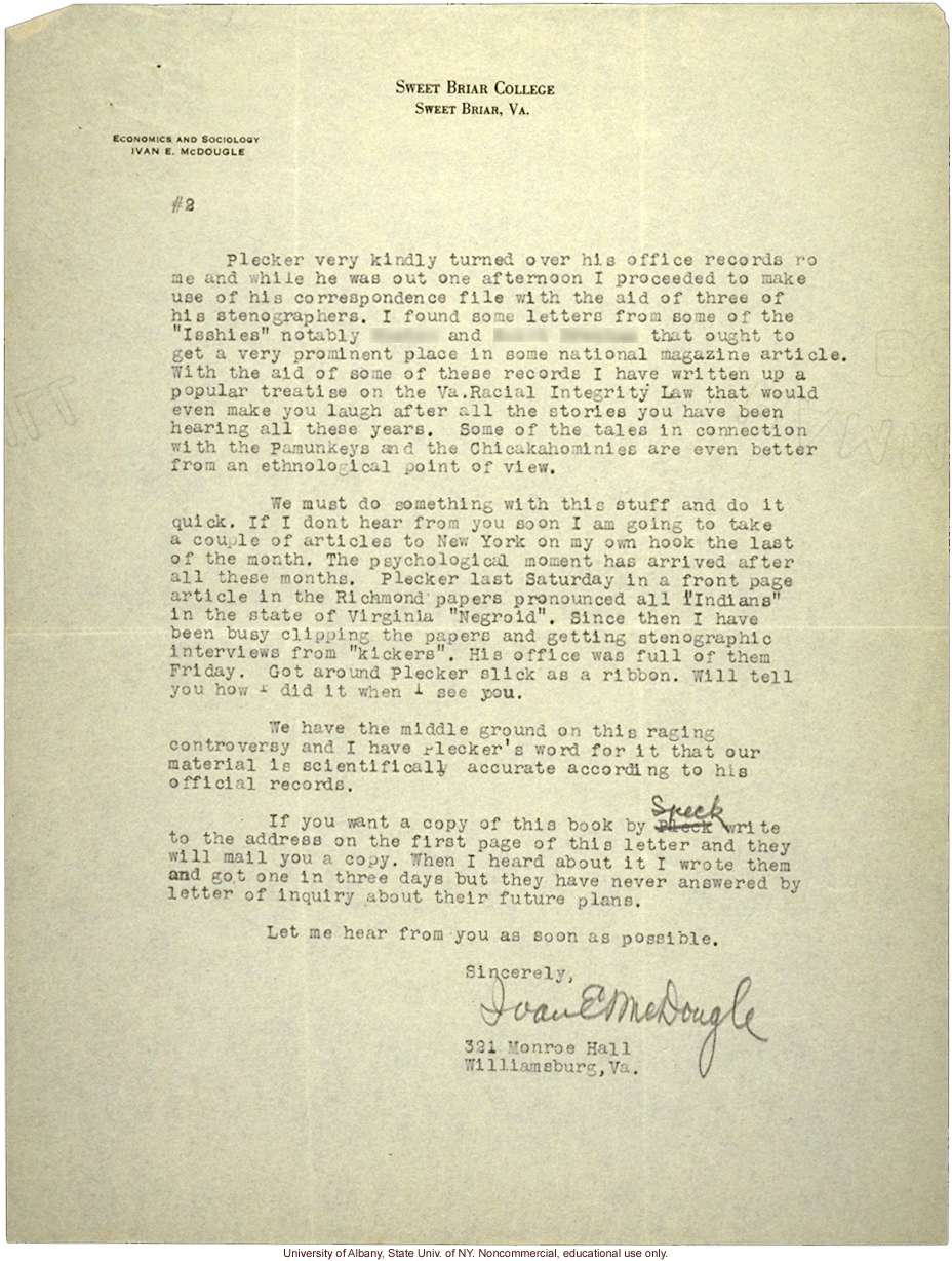 I. McDougle letter to A. Estabrook, about new studies of race mixing in Virginia and need to rush publication of their own work (7/5/1925)