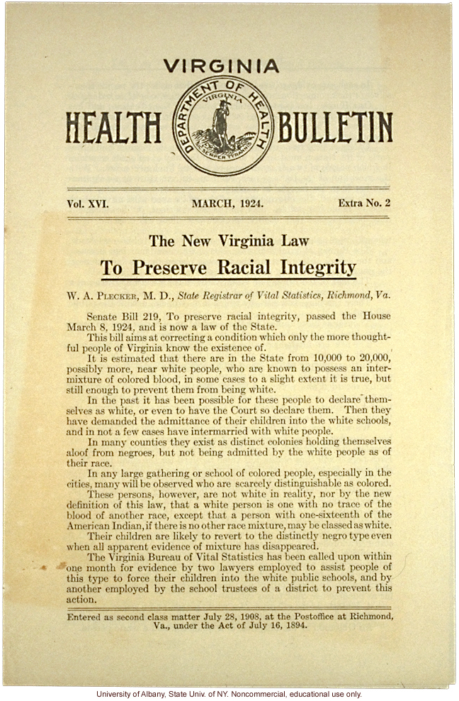 &quote;The New Virginia Law to Preserve Racial Integrity,&quote; by W. A. Plecker, Virginia Health Bulletin (vol. 16:2)