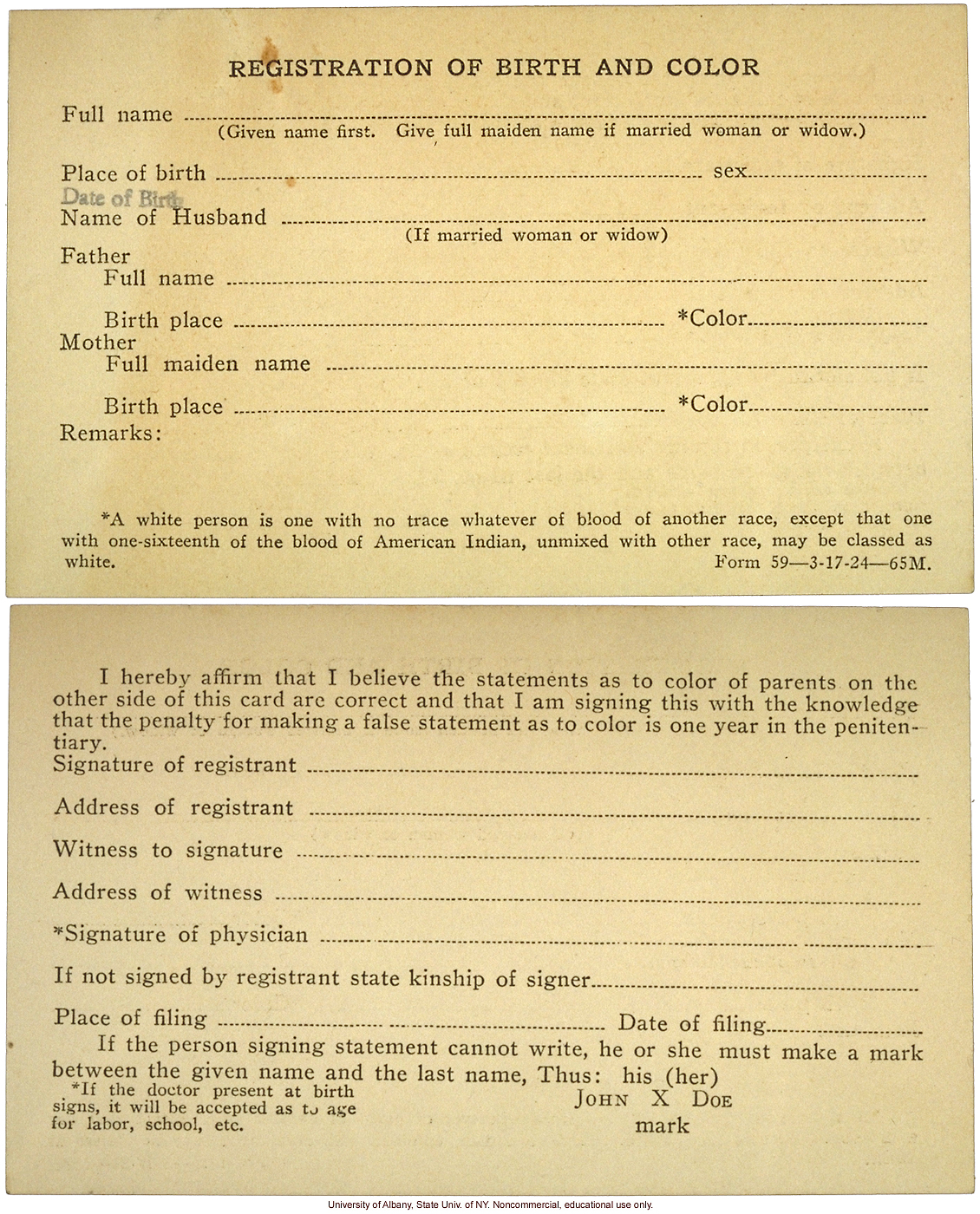 &quote;Registration of Birth and Color,&quote; State of Virginia form