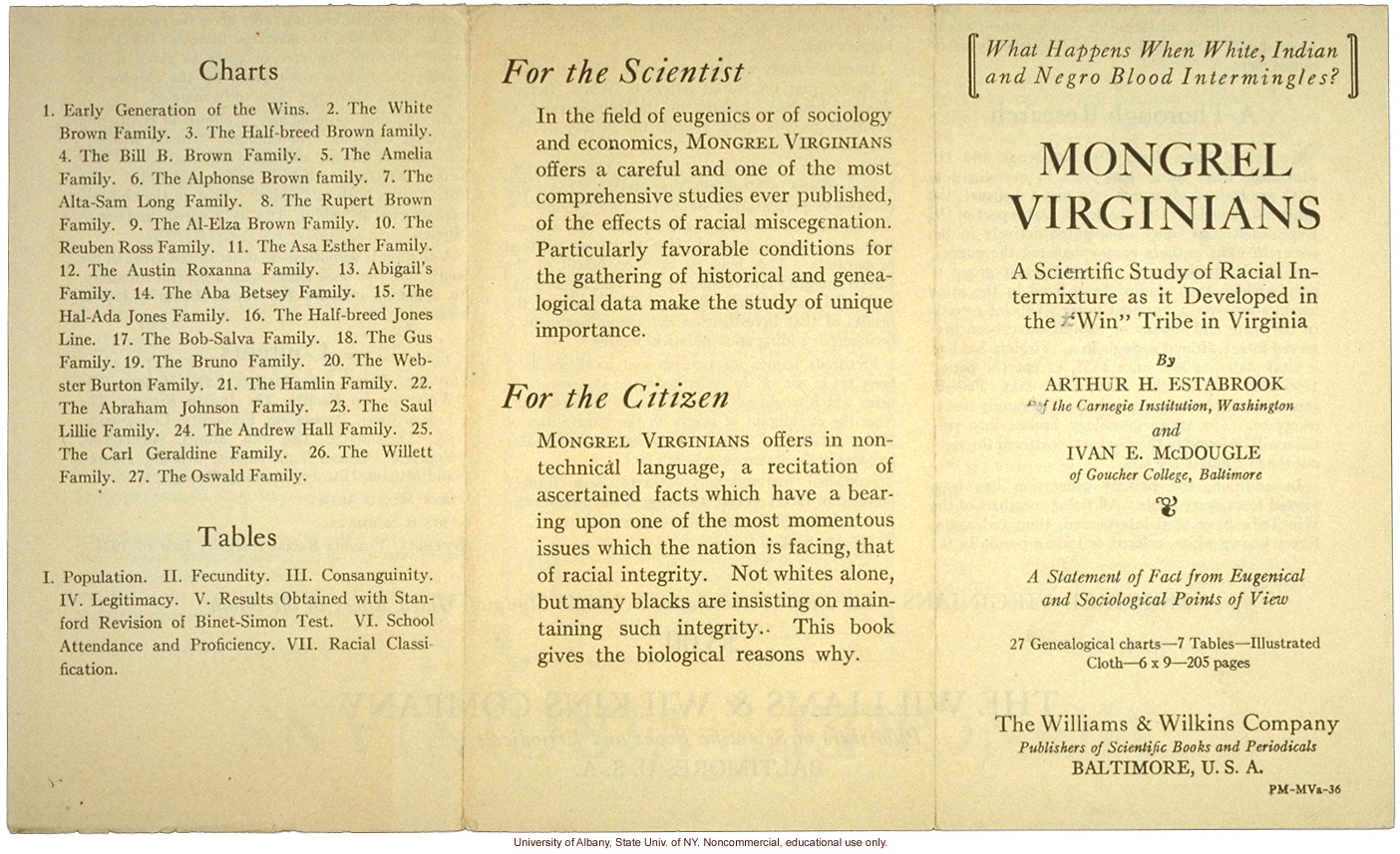 Brochure advertising <i>Mongrel Virginians</i>, by Arthur H. Estabrook and Ivan E. McDougle