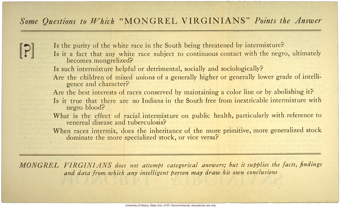 Brochure advertising <i>Mongrel Virginians</i>, by Arthur H. Estabrook and Ivan E. McDougle