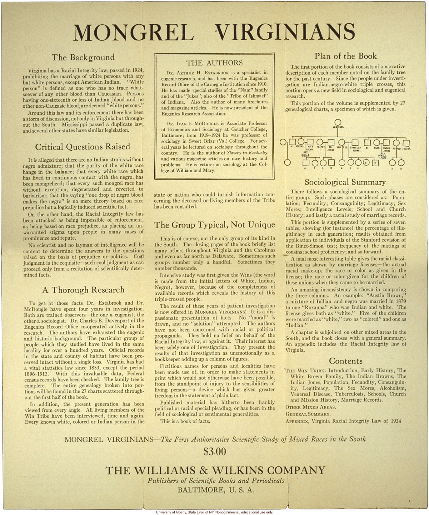 Brochure advertising <i>Mongrel Virginians</i>, by Arthur H. Estabrook and Ivan E. McDougle
