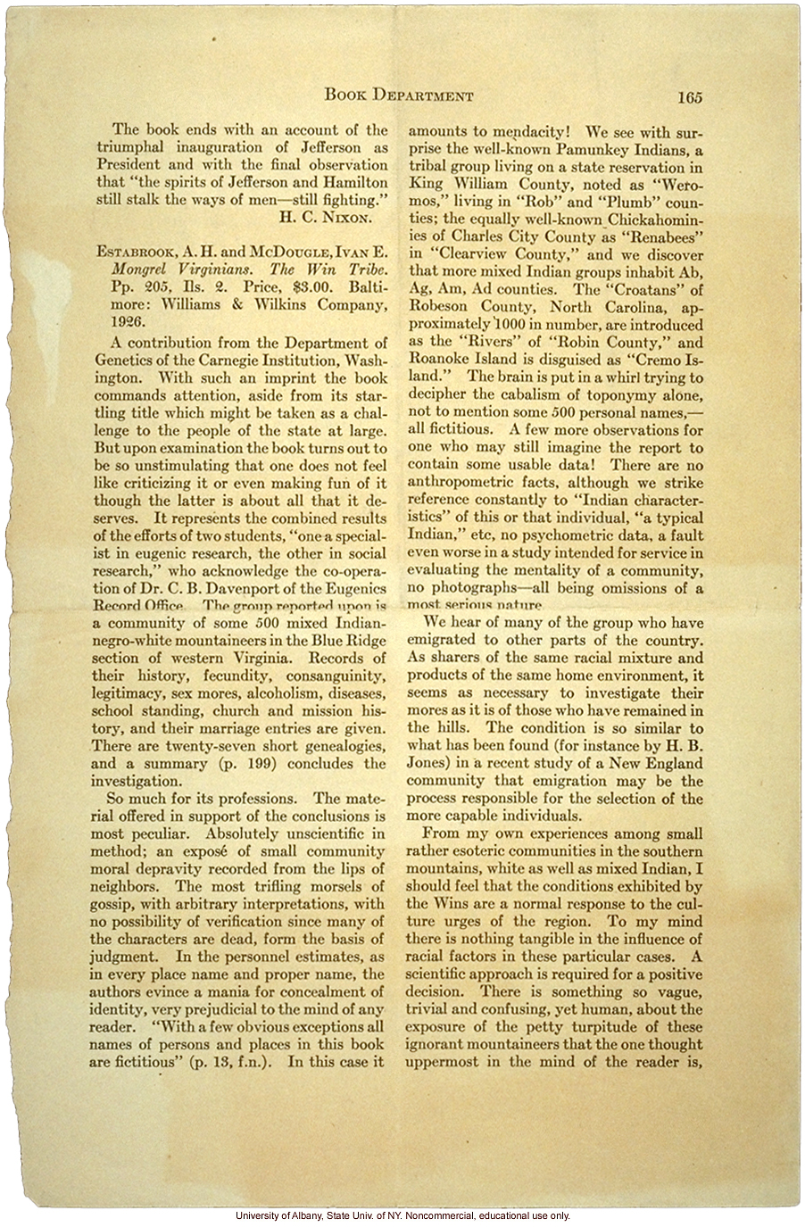 Critical review of <i>Mongrel Virginians</i>  (&quote;A really absurd and useless book&quote;), by Abraham Myerson, Annals of the American Academy