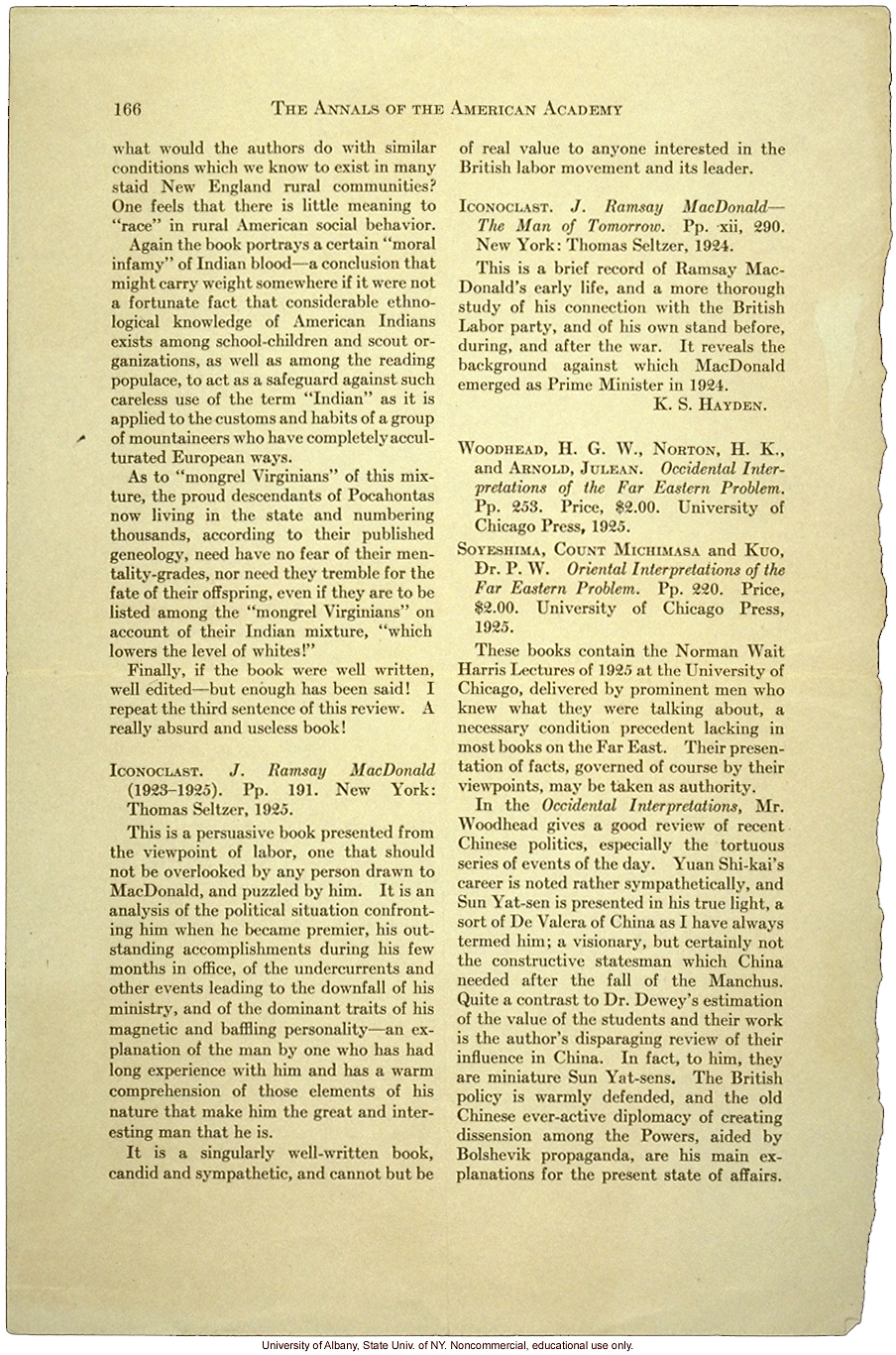 Critical review of <i>Mongrel Virginians</i>  (&quote;A really absurd and useless book&quote;), by Abraham Myerson, Annals of the American Academy