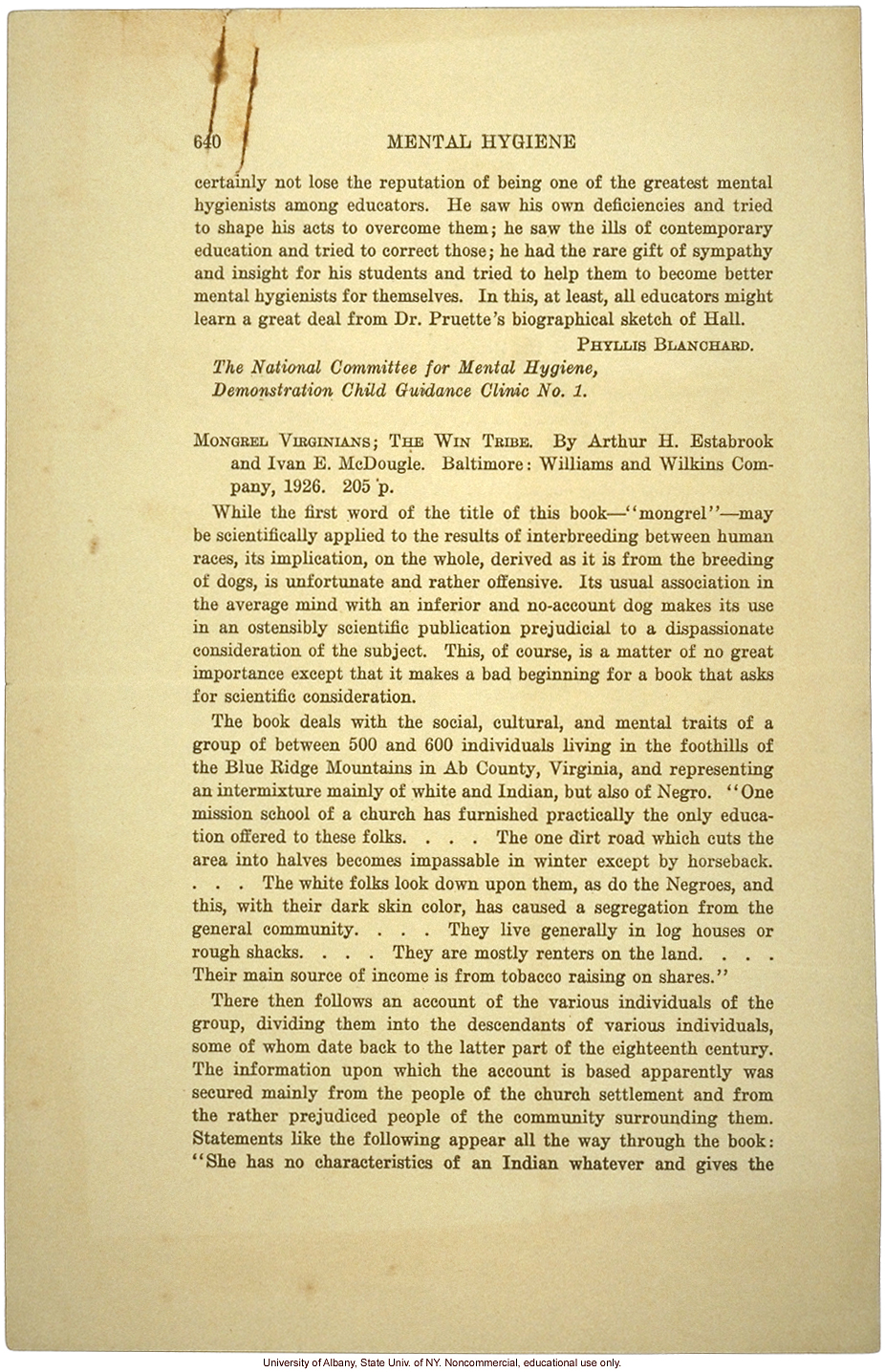 Critcal review of <i>Mongrel Virginians</i>, by Abraham Myerson, Mental Hygiene