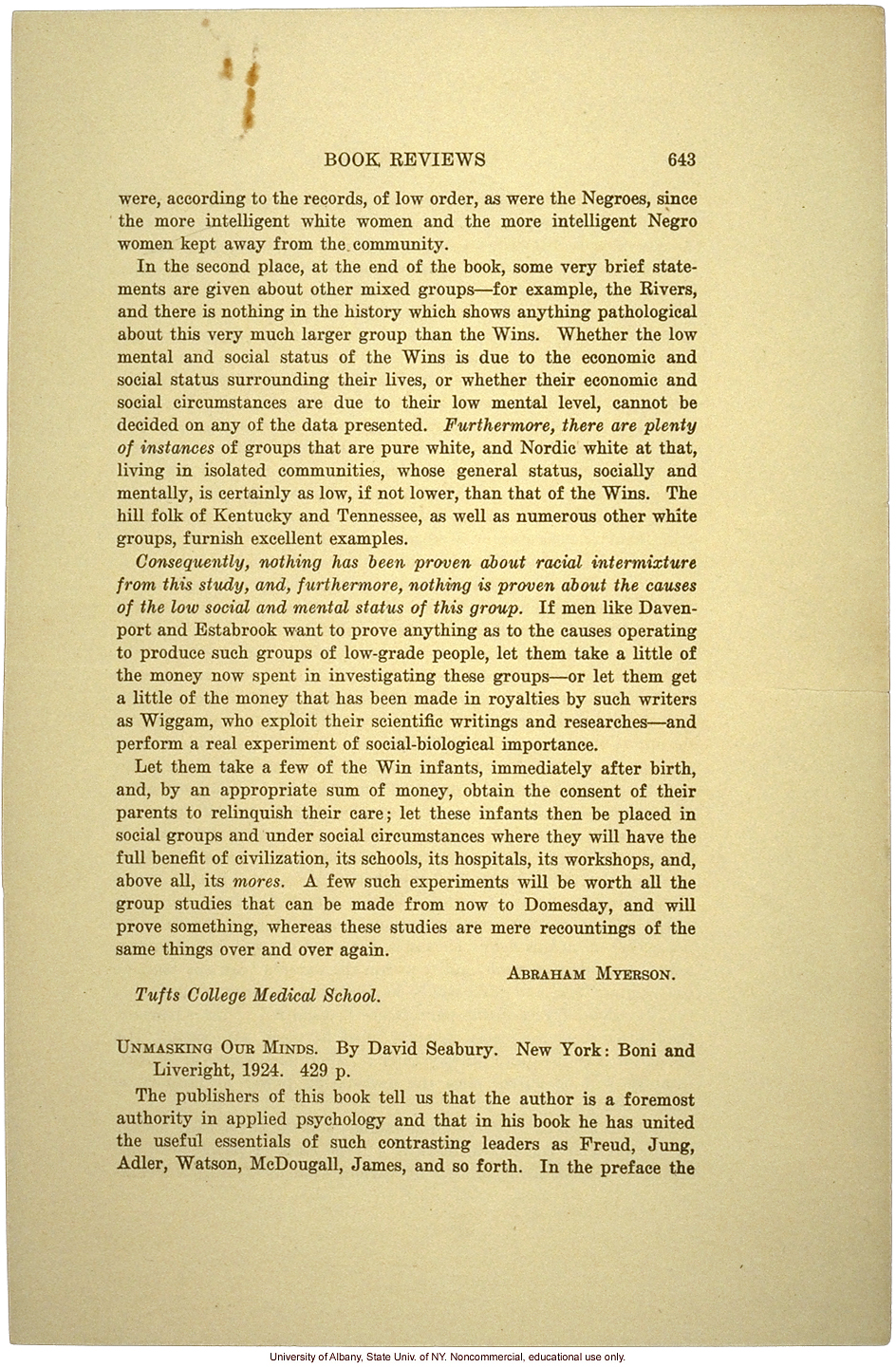 Critcal review of <i>Mongrel Virginians</i>, by Abraham Myerson, Mental Hygiene