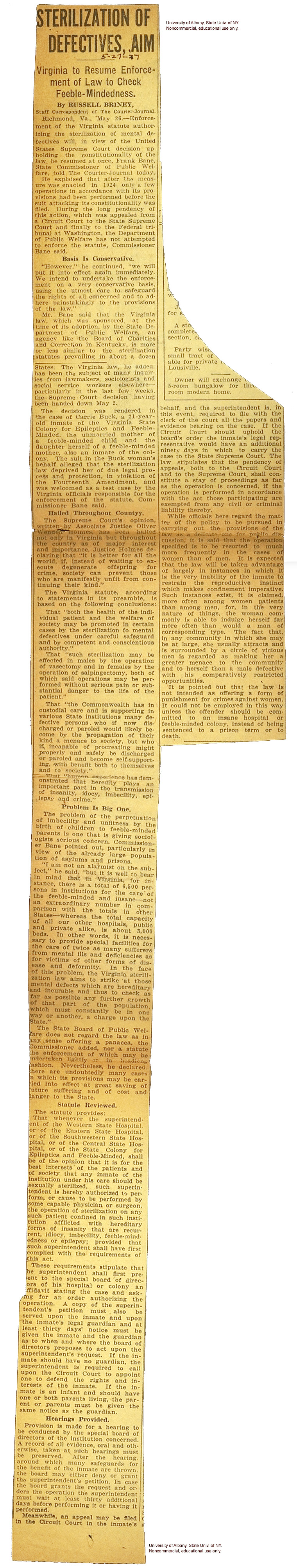 &quote;Sterilization of Defectives, Aim,&quote; report on Buck v. Bell Supreme Court Decision, Richmond Courier Journal (5/26/1927)