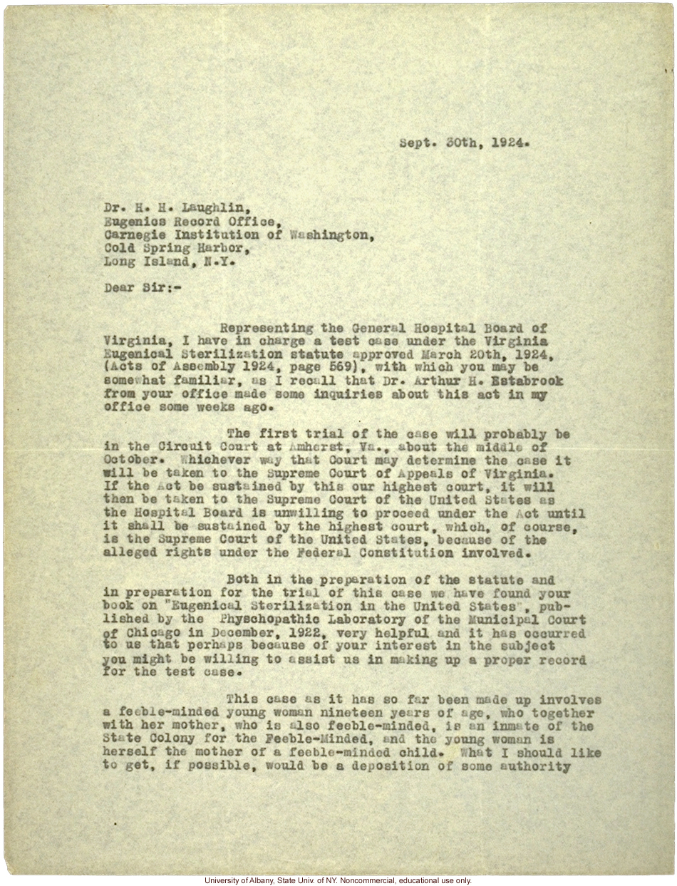 A. Strode letter to H. Laughlin, requesting a deposition on hereditary feeblmindedness for the trial of Carrie Buck in Amherst, Virginia (9/30/1924)