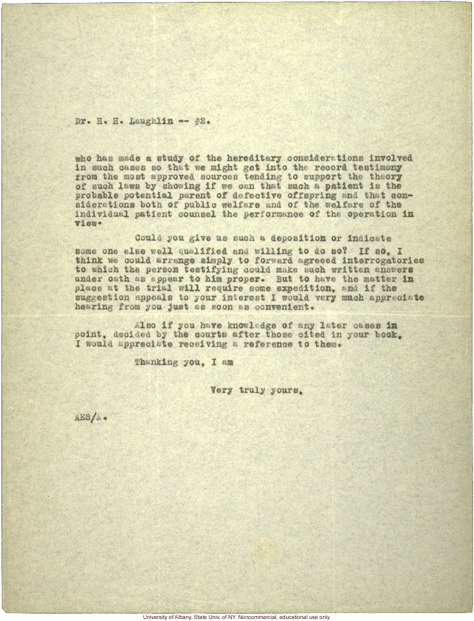 A. Strode letter to H. Laughlin, requesting a deposition on hereditary feeblmindedness for the trial of Carrie Buck in Amherst, Virginia (9/30/1924)