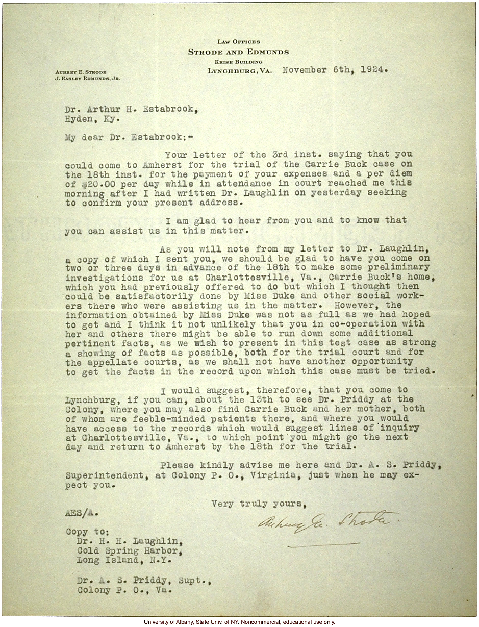 A. Strode letter to A. Estabrook, plans for making &quote;preliminary investigations&quote; prior to testifying at the Carrie Buck trial (1/6/1924)