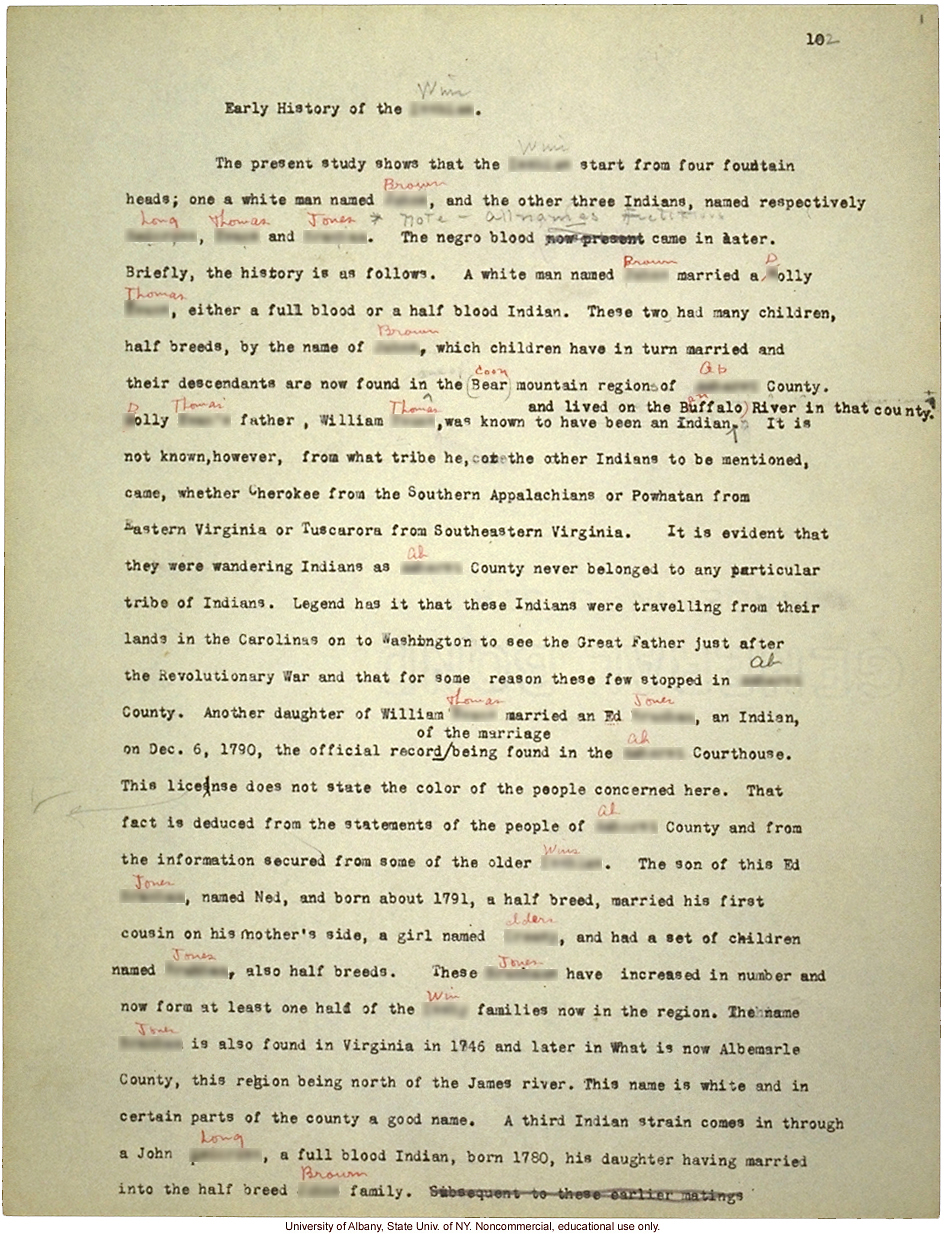 <i>Mongrel Virginians: The Win Tribe</i>, by A.H. Estabrook and I.E. McDougle, typescript corresponding to pp16-19 of book, w/ hand-written pseudonyms