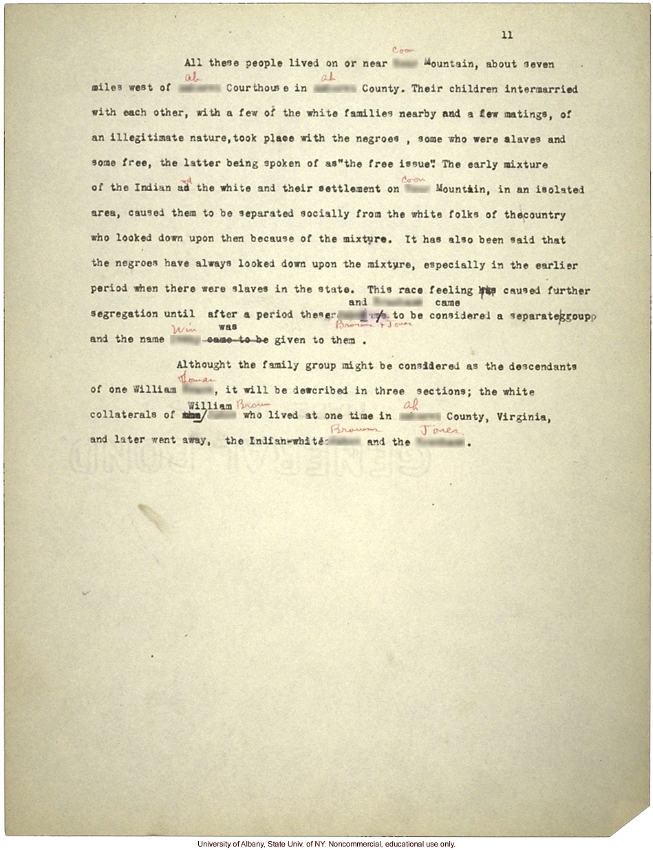 <i>Mongrel Virginians: The Win Tribe</i>, by A.H. Estabrook and I.E. McDougle, typescript corresponding to pp16-19 of book, w/ hand-written pseudonyms