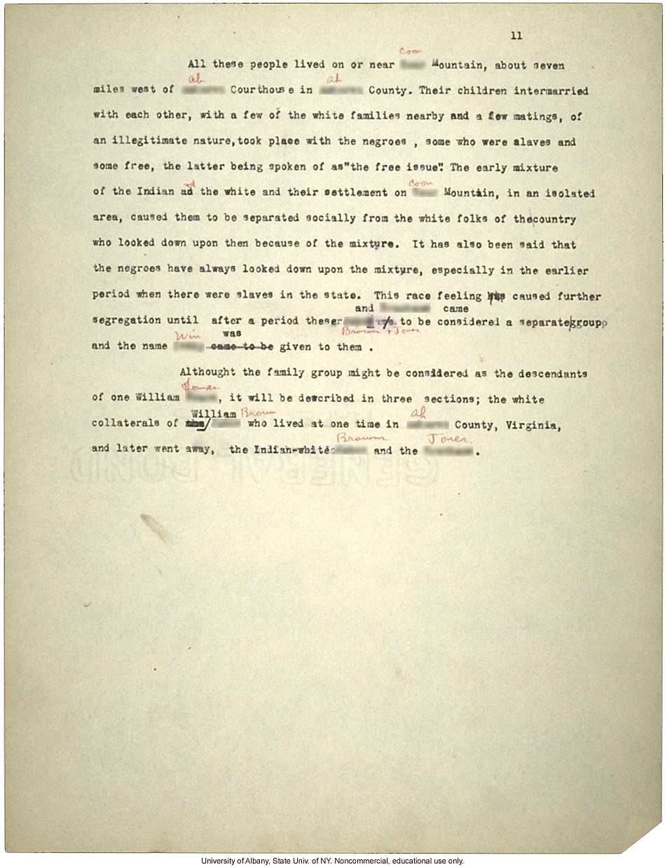 <i>Mongrel Virginians: The Win Tribe</i>, by A.H. Estabrook and I.E. McDougle, typescript corresponding to pp16-19 of book, w/ hand-written pseudonyms