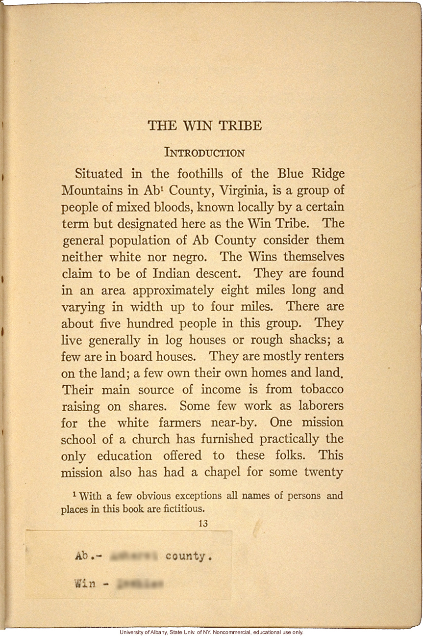 <i>Mongrel Virginians: The Win Tribe</i>, by A.H. Estabrook and I.E. McDougle, introduction of Estabrook's copy with added keys to pseudonyms