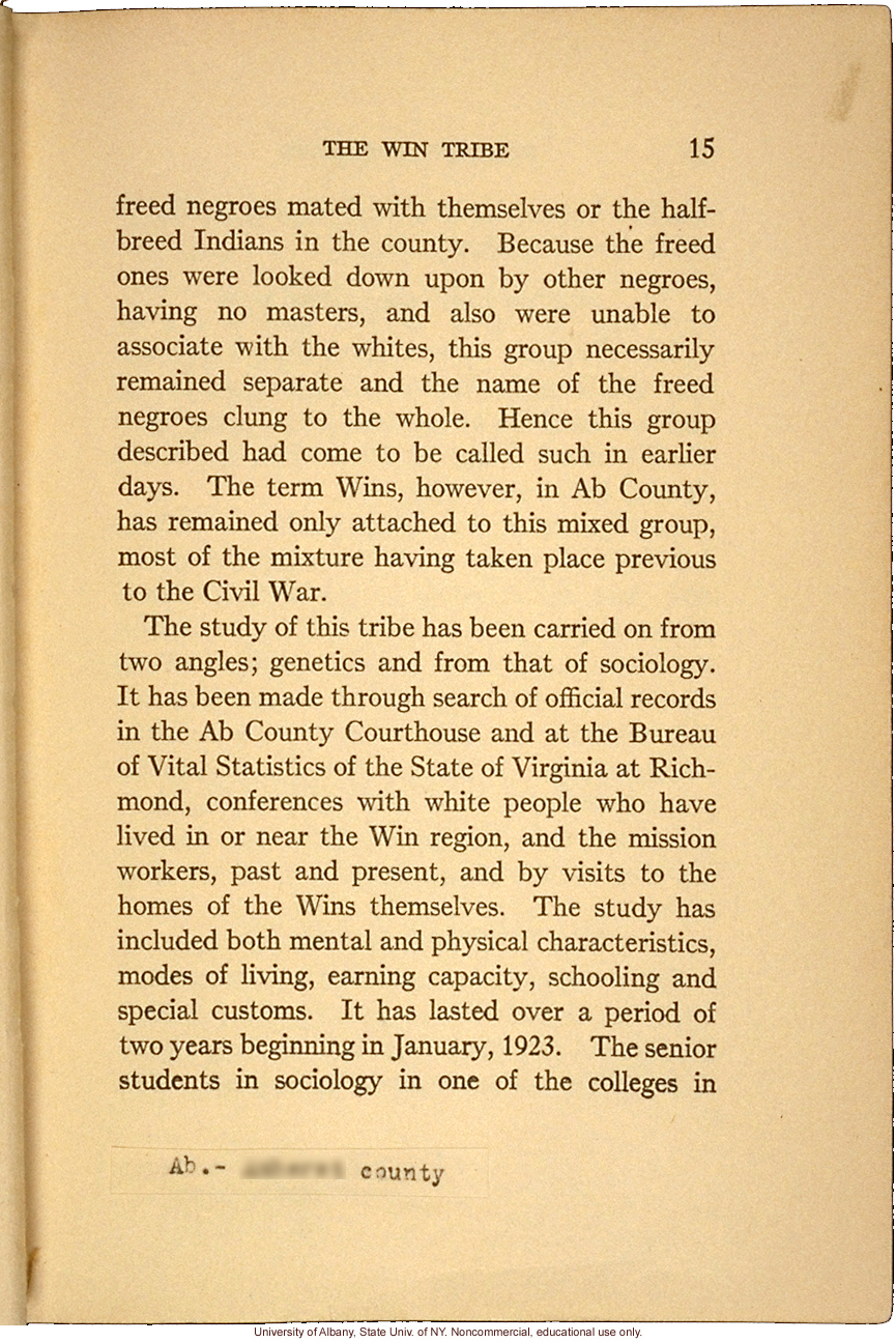 <i>Mongrel Virginians: The Win Tribe</i>, by A.H. Estabrook and I.E. McDougle, introduction of Estabrook's copy with added keys to pseudonyms