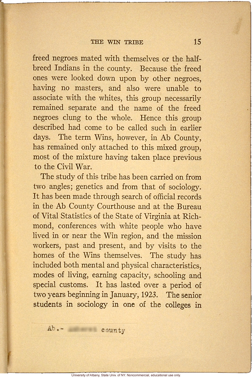 <i>Mongrel Virginians: The Win Tribe</i>, by A.H. Estabrook and I.E. McDougle, introduction of Estabrook's copy with added keys to pseudonyms