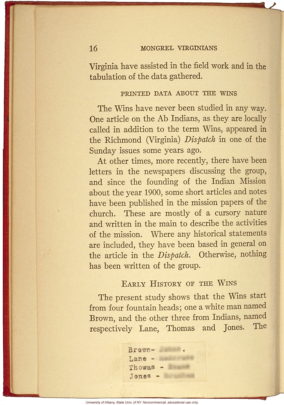 <i>Mongrel Virginians: The Win Tribe</i>, by A.H. Estabrook and I.E. McDougle, introduction of Estabrook's copy with added keys to pseudonyms