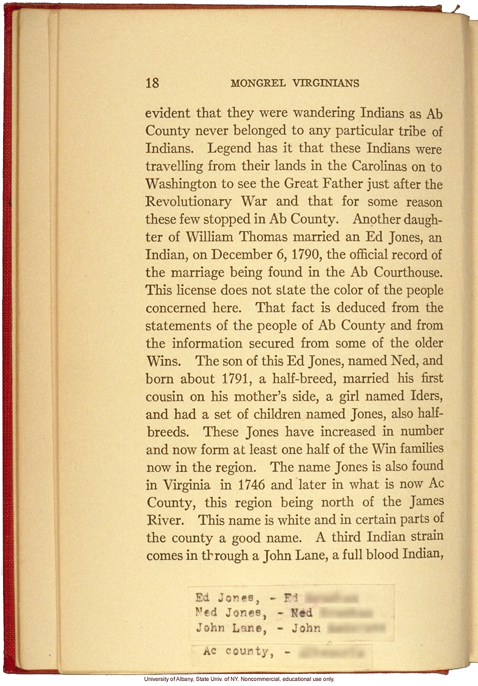 <i>Mongrel Virginians: The Win Tribe</i>, by A.H. Estabrook and I.E. McDougle, introduction of Estabrook's copy with added keys to pseudonyms