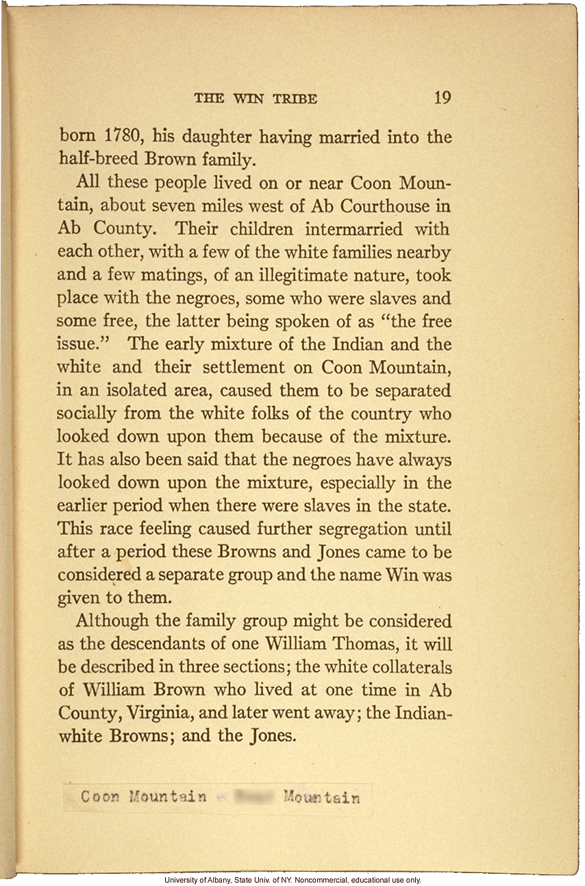 <i>Mongrel Virginians: The Win Tribe</i>, by A.H. Estabrook and I.E. McDougle, introduction of Estabrook's copy with added keys to pseudonyms