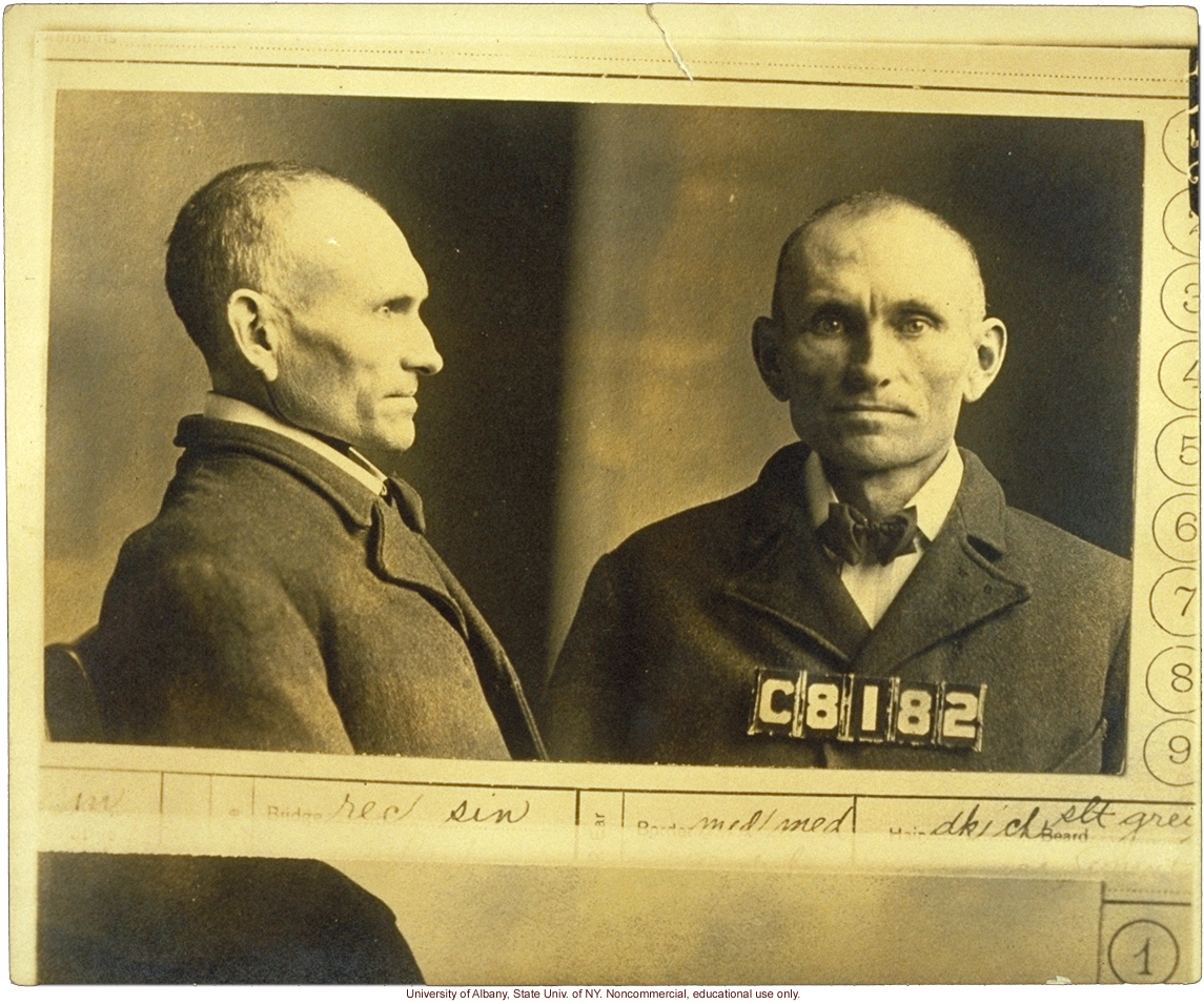 Prison mug shot of Edgar (V428) and corresponding entry in <i>The Jukes in 1915</i>, by A.H. Estabrook (photo laid in copy of R. Dugdale's The Jukes)