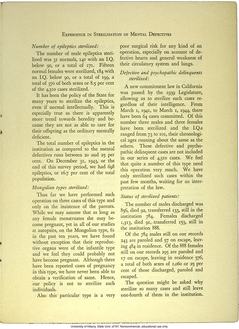 &quote;A Quarter of a Century's Experience in Sterilization of Mental Defectives in California,&quote; by F.O. Butler, Amer. Journ. Mental Deficiency (vol 49:4)