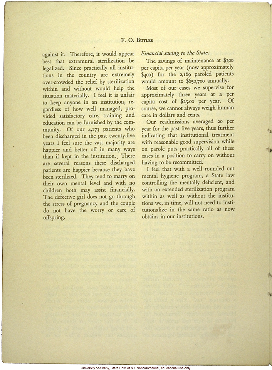 &quote;A Quarter of a Century's Experience in Sterilization of Mental Defectives in California,&quote; by F.O. Butler, Amer. Journ. Mental Deficiency (vol 49:4)