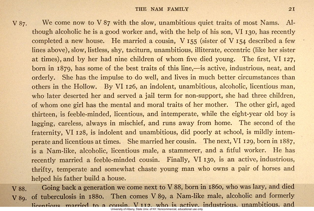 The Nam Family, by A. Estabrook and C. Davenport, pedigree of V87, V127, V155 (p. 21) and corresponding field portraits from back of Estabrook's copy