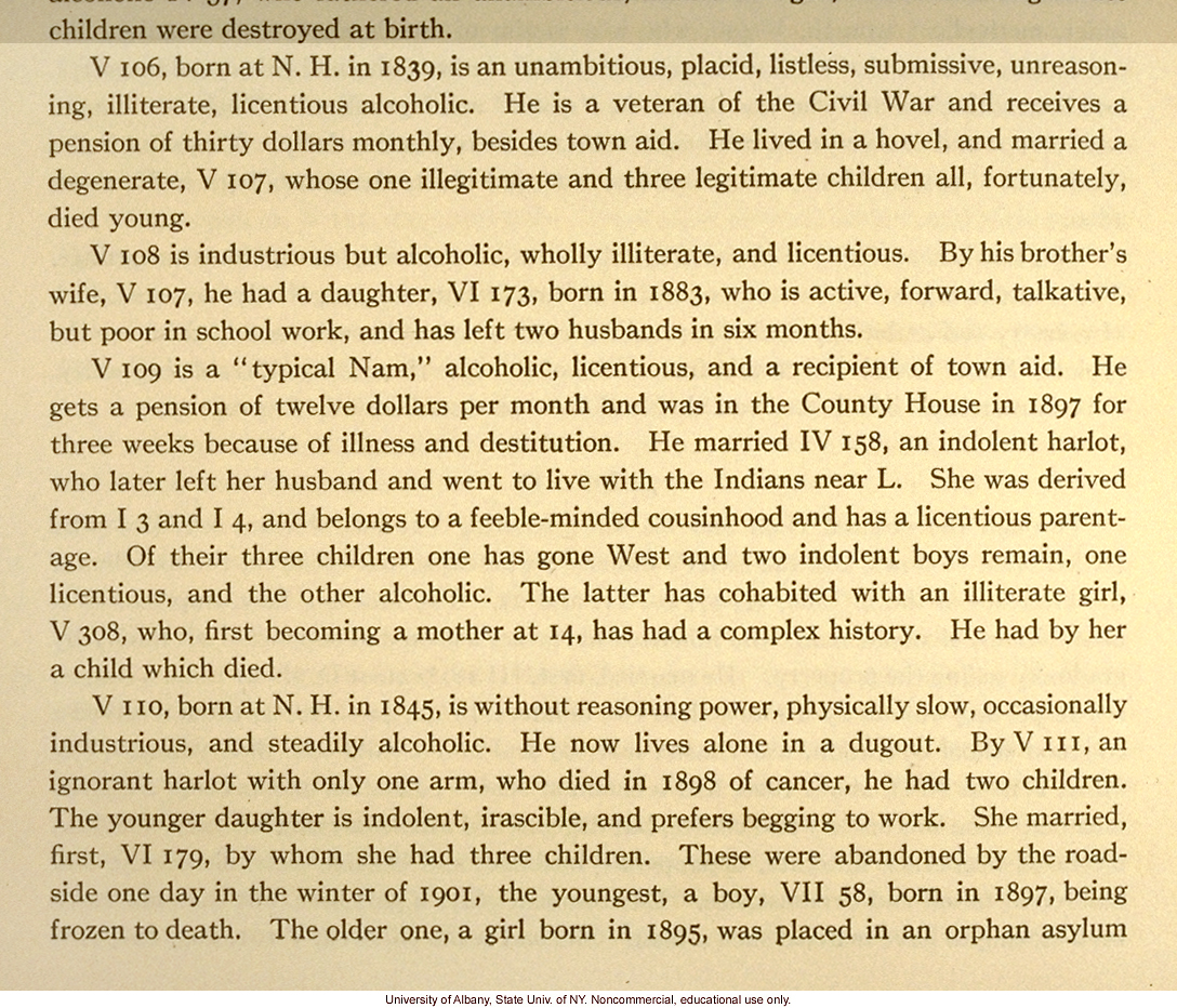 The Nam Family, by A. Estabrook and C. Davenport, pedigree of V106-V109 (p. 26) and corresponding field portraits from back of Estabrook's copy