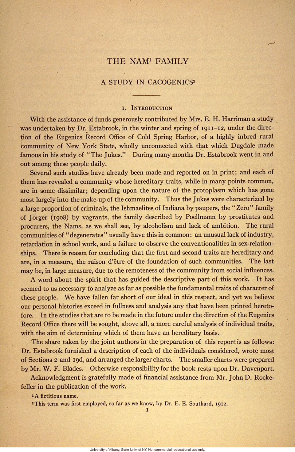 The Nam Family: A Study in Cacogenics (Eugenics Record Office Memoir No. 2), by A.H. Estabrook and C.B. Davenport, introduction and early history