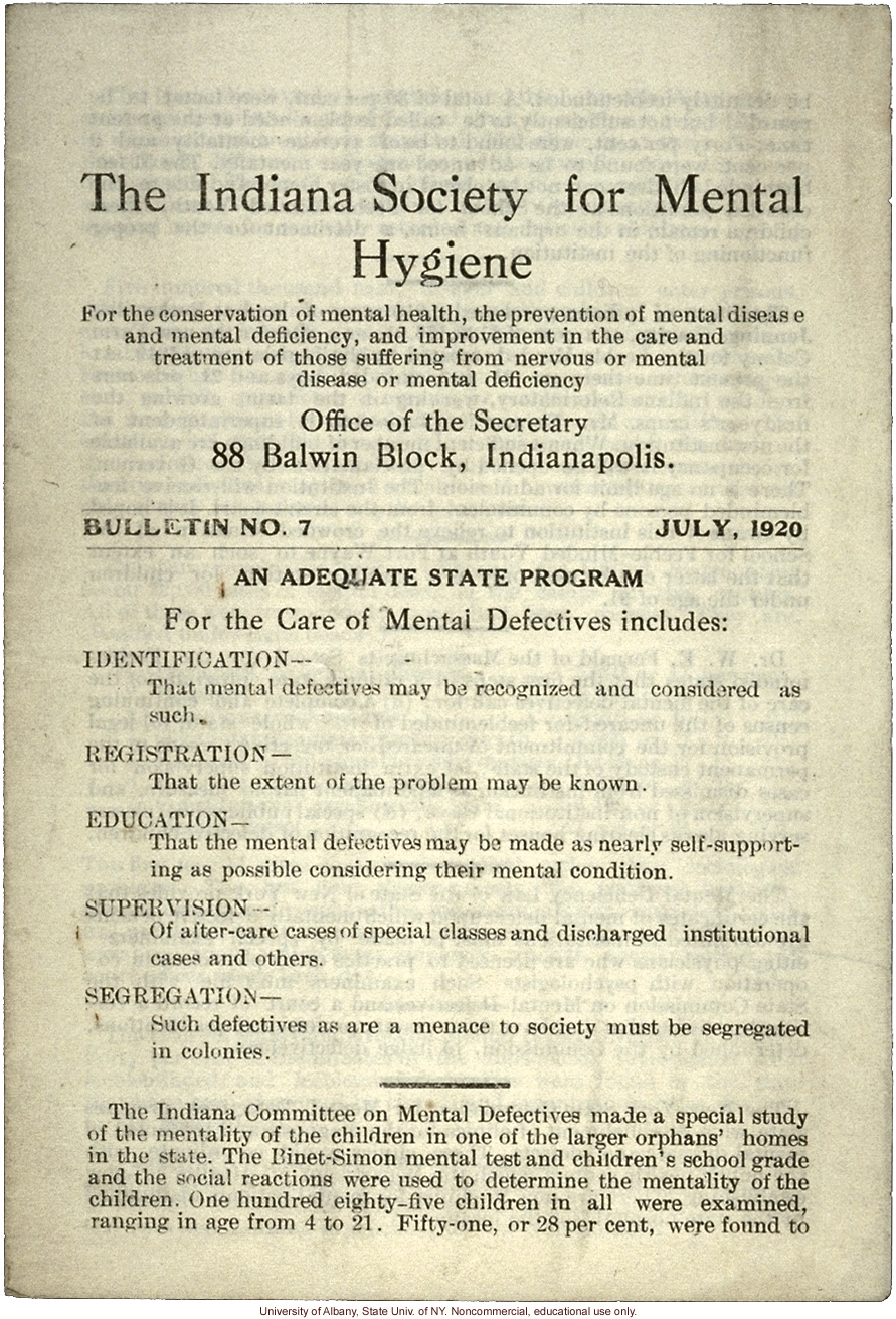 &quote;Indiana Society for Mental Hygiene Bulletin No. 7&quote; (July 1920), statistics on mental illness and feeblemindedness in institutions around the U.S.