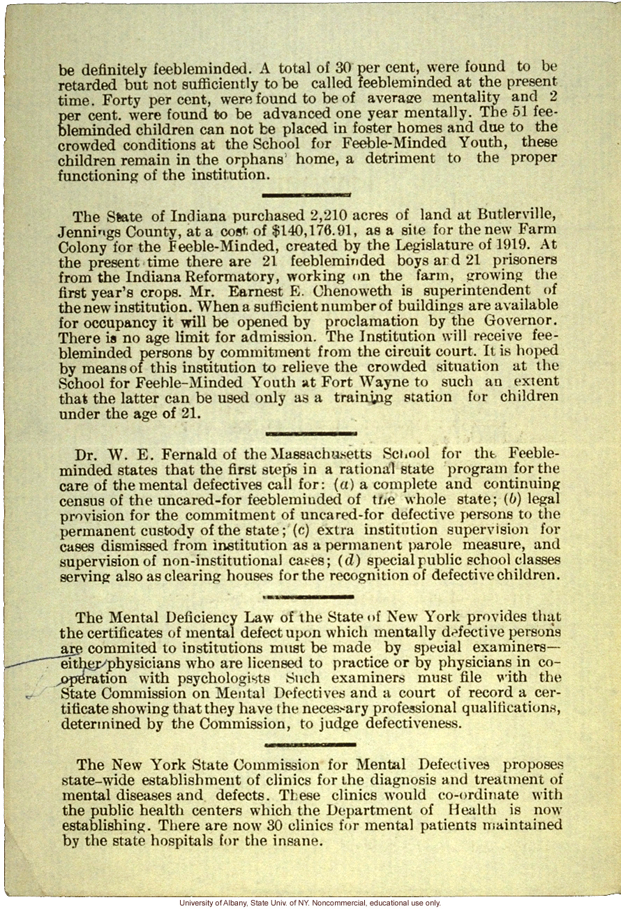 &quote;Indiana Society for Mental Hygiene Bulletin No. 7&quote; (July 1920), statistics on mental illness and feeblemindedness in institutions around the U.S.