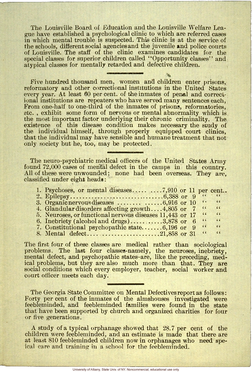 &quote;Indiana Society for Mental Hygiene Bulletin No. 7&quote; (July 1920), statistics on mental illness and feeblemindedness in institutions around the U.S.