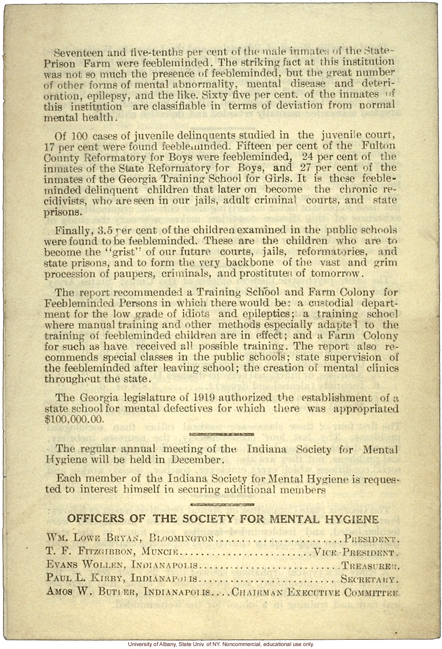 &quote;Indiana Society for Mental Hygiene Bulletin No. 7&quote; (July 1920), statistics on mental illness and feeblemindedness in institutions around the U.S.