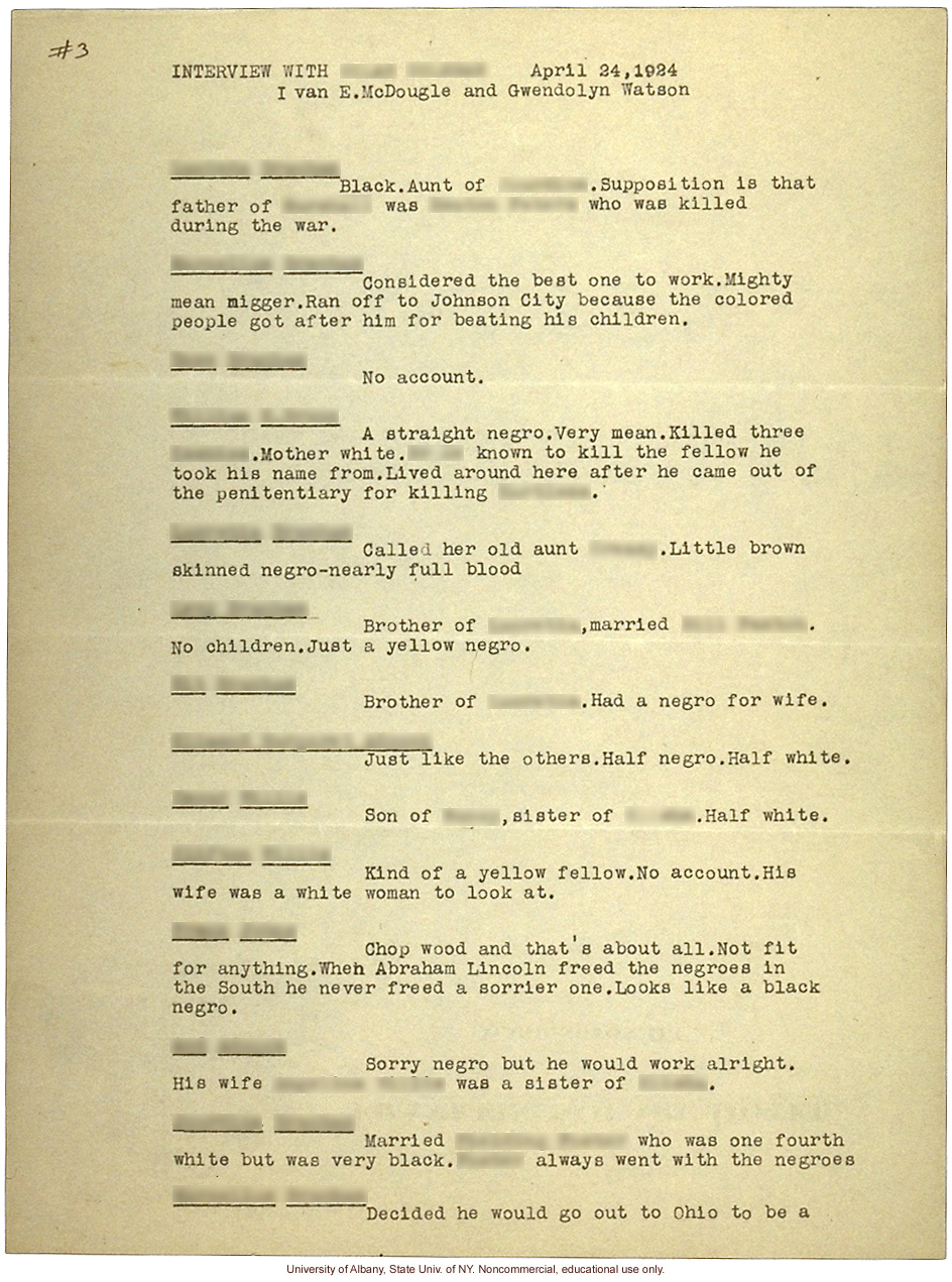 Interview on race mixing for <i>Mongrel Virginians</i>, by Ivan McDougle and Gwendolyn Watson (April 24, 1924)