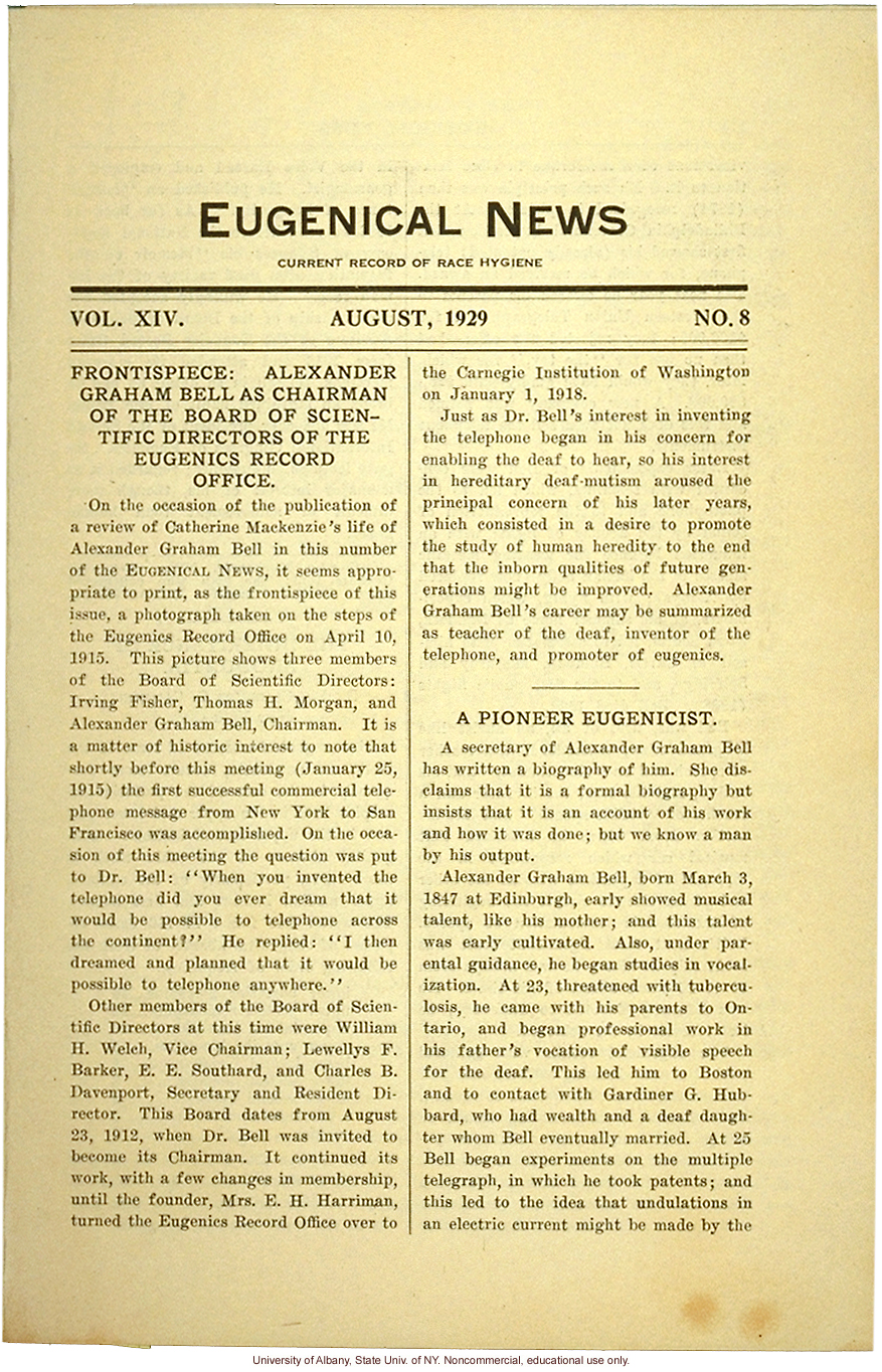 &quote;Alexander Graham Bell as Chairman of the Board of Scientific Directors of the Eugenics Record Office,&quote; Eugenical News (vol. 14:8)