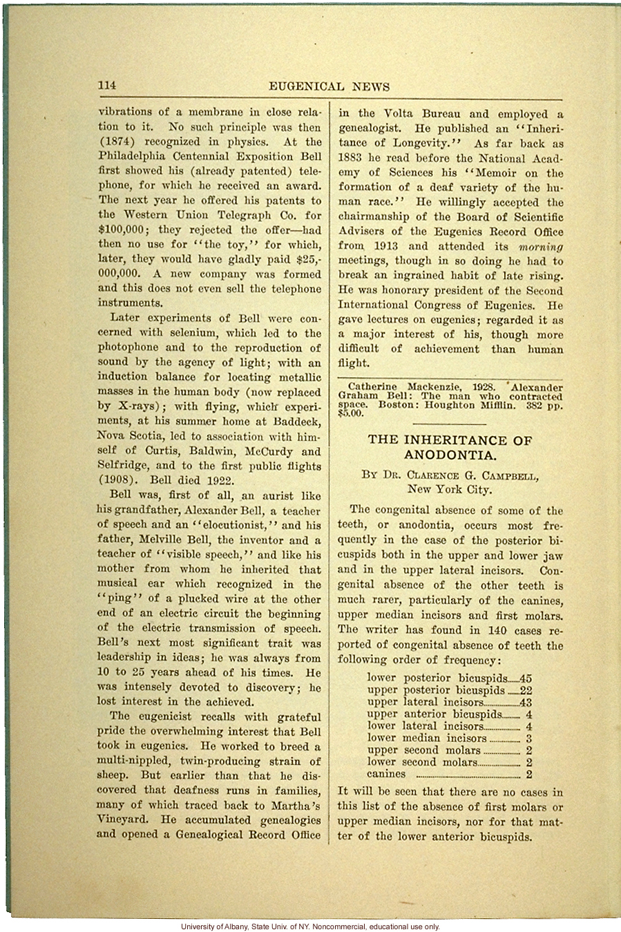 &quote;Alexander Graham Bell as Chairman of the Board of Scientific Directors of the Eugenics Record Office,&quote; Eugenical News (vol. 14:8)