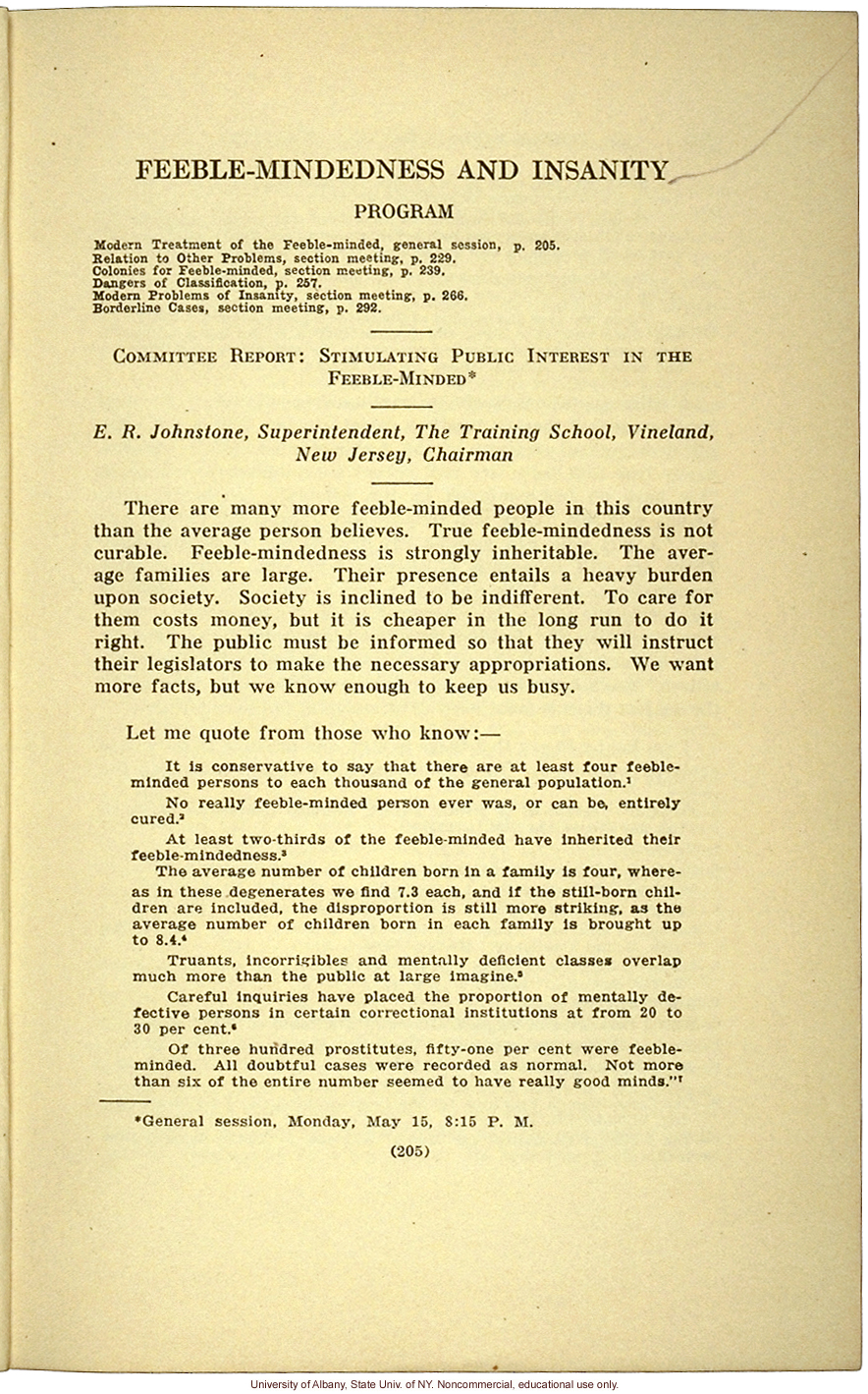 &quote;Stimulating Public Interest in the Feeble-Minded,&quote; by E.R. Johnstone (address to the National Conferenceof Charities and Correction, 1916)