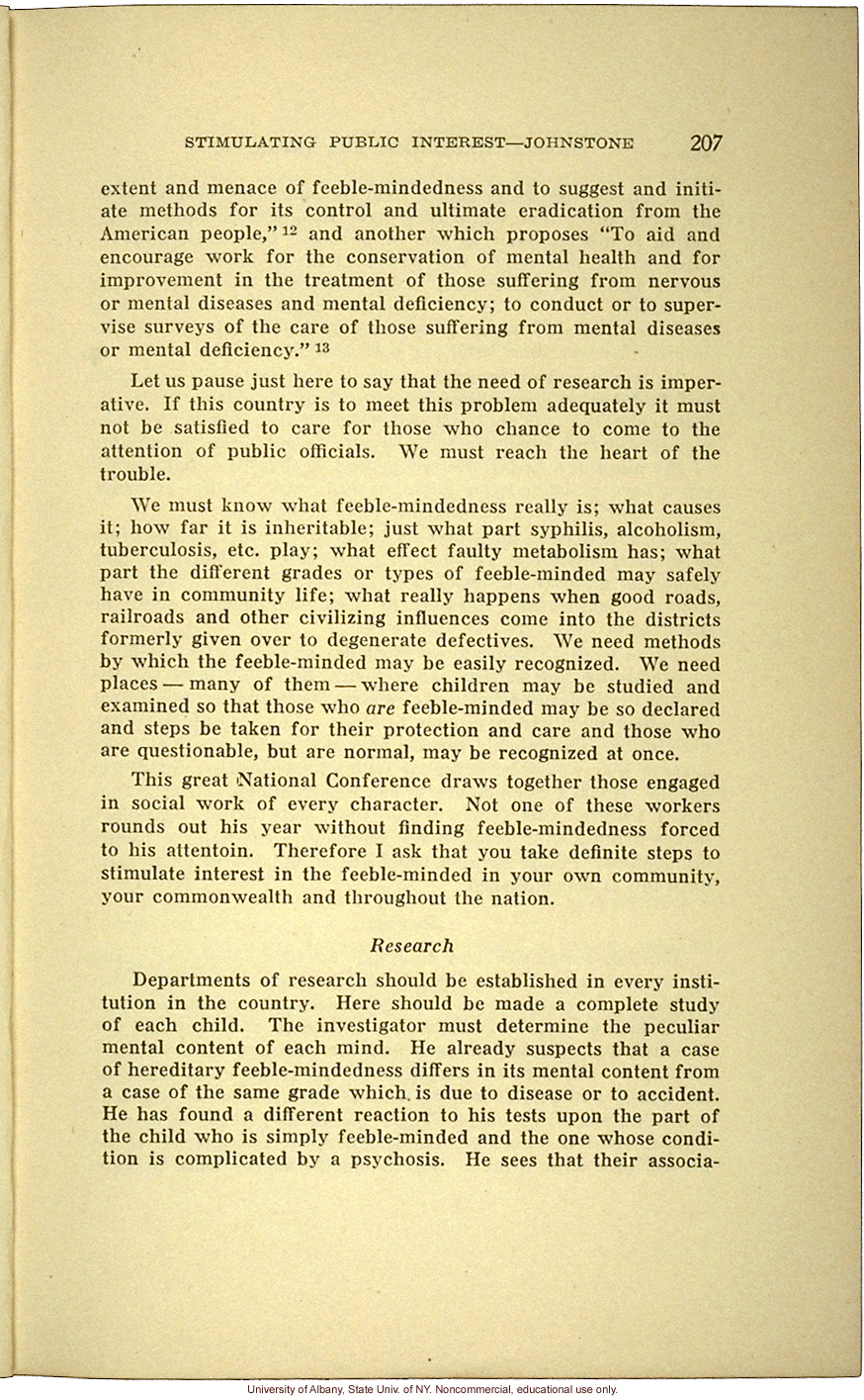 &quote;Stimulating Public Interest in the Feeble-Minded,&quote; by E.R. Johnstone (address to the National Conferenceof Charities and Correction, 1916)