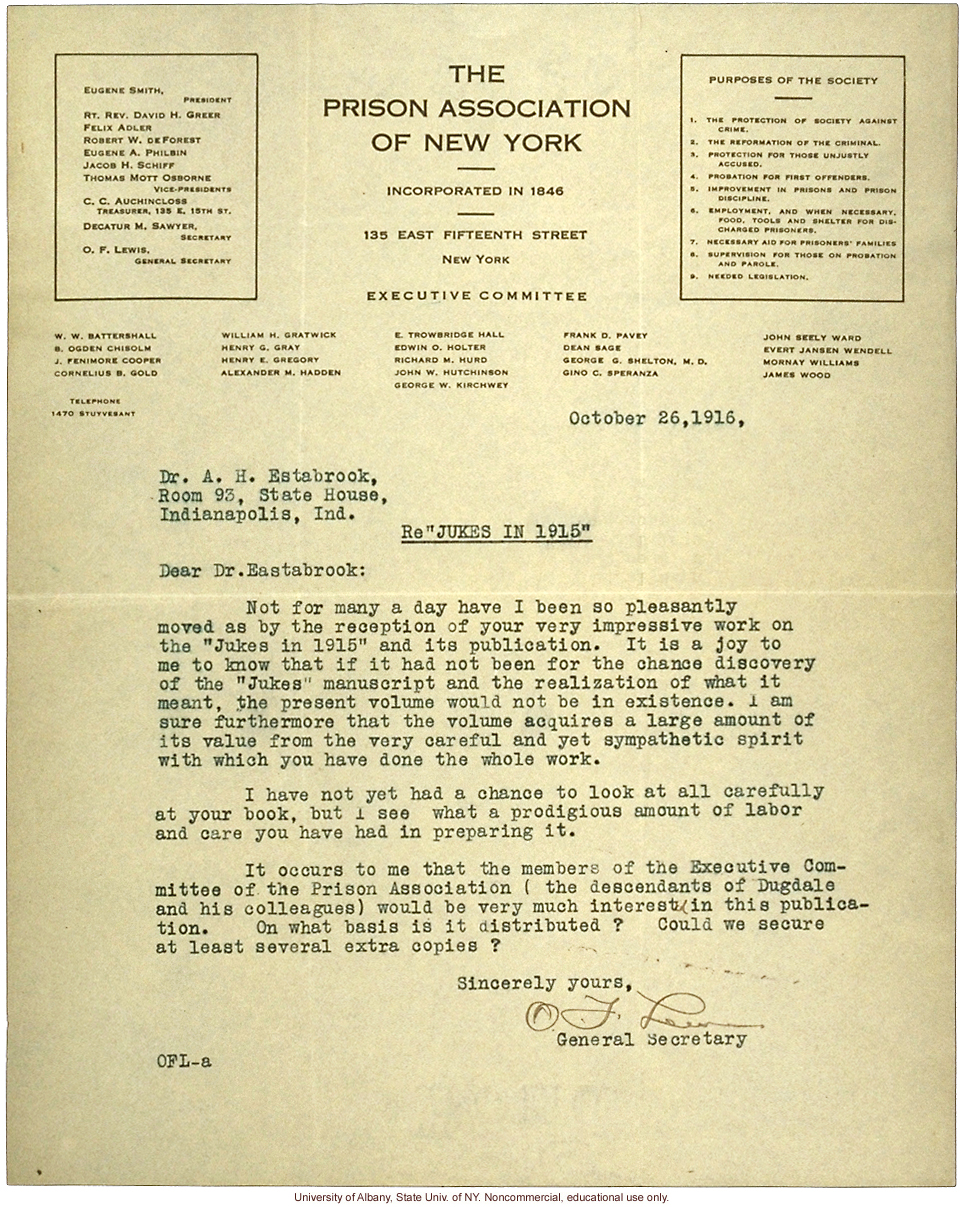 O.F. Lewis (NY Prison Association) letter to A.H. Estabrook, congratulating him on the publication of The Jukes in 1915 (10/26/1916)