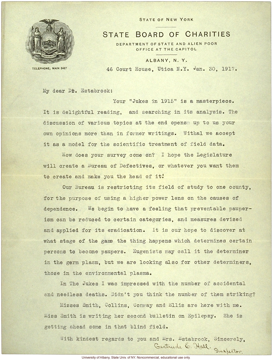 G. Hall (NY State Board of Charities) letter to A.H. Estabrook, about The Jukes in 1915 and genetic vs. environmental causes of pauperism (1/30/1917)