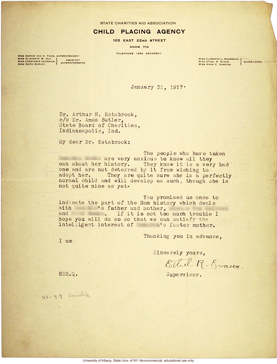 E.R. Evans (Child Placing Agency) letter to A. Estabrook, about the Nam lineage of an adopted child (1/31/1917)