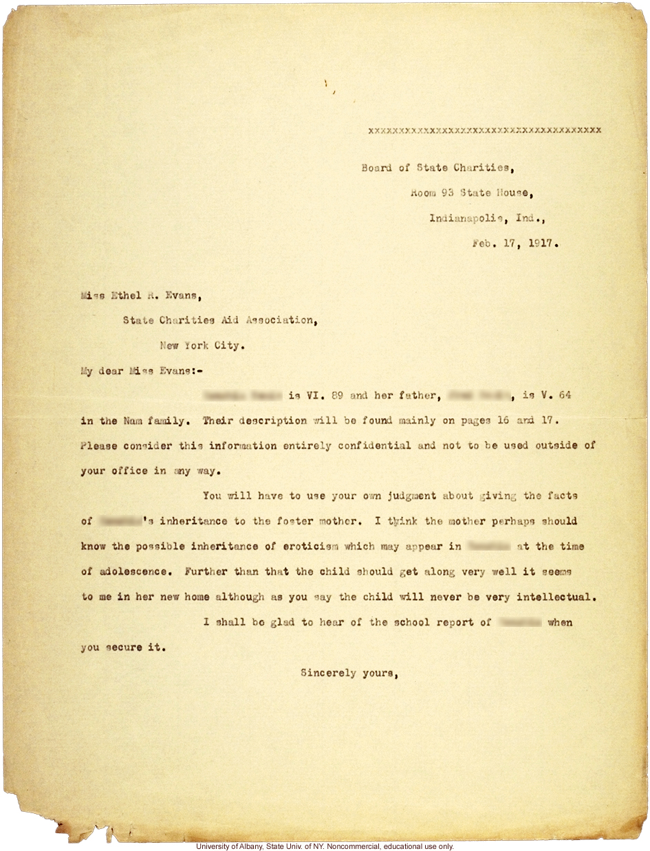 A. Estabrook response to E.R. Evans, about the &quote;possible inheritance of eroticism&quote; in adopted child VI 89 of the Nam lineage (2/17/1917)